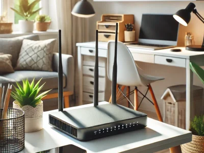 DALL·E 2024-11-18 12.46.38 - A clean and cozy home office with a broadband router on a stylish desk, surrounded by modern tech gadgets like a laptop, a smartphone, and indoor plan