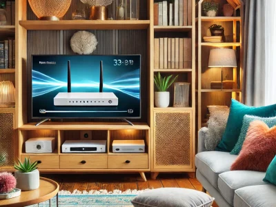 DALL·E 2024-11-18 12.47.19 - A stylish and comfortable living room showcasing a broadband router on a wooden entertainment center next to a TV, surrounded by cozy seating, vibrant